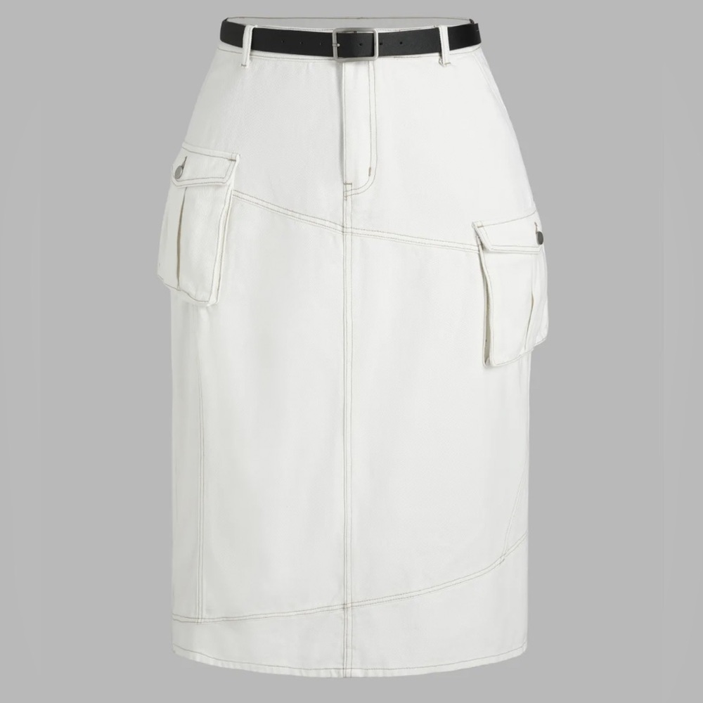 WHITE DENIM BELTED SLIT MAXI SKIRT